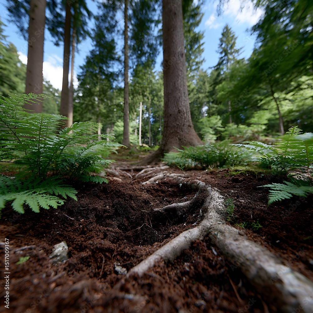 Fototapeta premium Forest floor with exposed roots and ferns