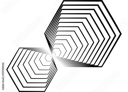 Hexagonal composition. Vector pattern of thin black parallel lines on a white background. Design element in retro style. Modern vector background.
