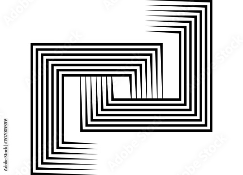 Trendy vector pattern of intertwined rectangular shapes from parallel lines. Black striped design element on white background. For sportswear, interior, wall art. Vector background in retro style.