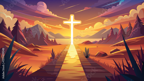 A peaceful path stretches toward the glowing cross at sunset, symbolizing hope and salvation beneath golden skies, ideal for a spiritual vector capturing light and faith.