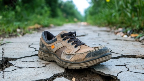 A single worn shoe is positioned on cracked earth along an overgrown path, with greenery surrounding the area under a bright sky. Nature reclaims the trail. photo
