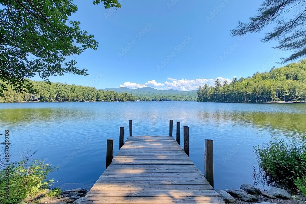 Naklejka premium Wooden pier on a lake with a blue sky and a forest background. The pier shows its length against the calm waters. The perspective is direct to emphasize the depth and distance between the trees.