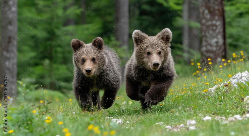Fototapeta premium Two Brown Bear Cubs Running Through a Meadow, Symbolizing Wildlife Conservation and Environmental Awareness With an Emphasis on Animal Protection