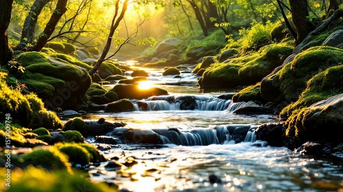 Sunlit forest stream flowing over mossy rocks with golden light filtering through trees. Use for relaxation meditation spa wellness nature therapy content