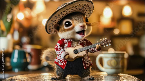 Adorable mariachi squirrel in a red embroidered suit and sombrero, playing a tiny guitar. Cute, whimsical, and vibrant scene with soft bokeh background.