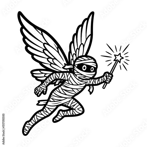 flying fairy mummy with wings and magic wand sketch