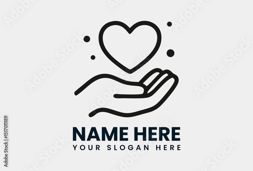Minimalist line art illustration of an outstretched human hand gently supporting a floating heart, symbolizing care, generosity, and compassion. Love and charity concept