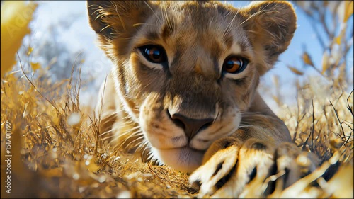 A curious lion cub stares intently and licks onto a hidden camera, golden eyes wide, blending into the sunlit savannah grass, capturing the wild’s innocence up close. Curiosity and inquisitive concept