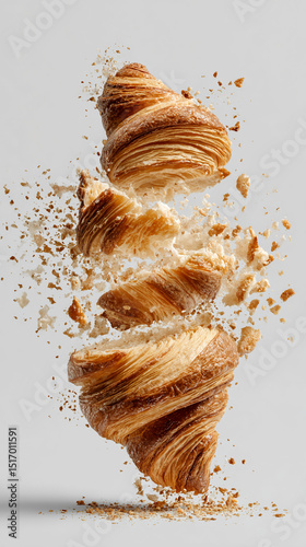 Golden-brown croissant shattering into pieces, suspended in mid-air against a gray backdrop, showcasing texture and fragility, representing the ephemeral nature of a moment or sensory experience