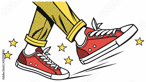 Retro Pop Art Illustration of Walking Feet in Red Sneakers