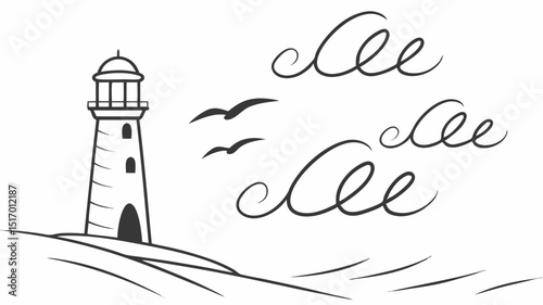 Lighthouse Illustration Coastal Scene with Birds and Windy Sky