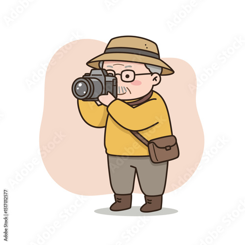 Elderly photographer taking picture with camera in casual setting  
