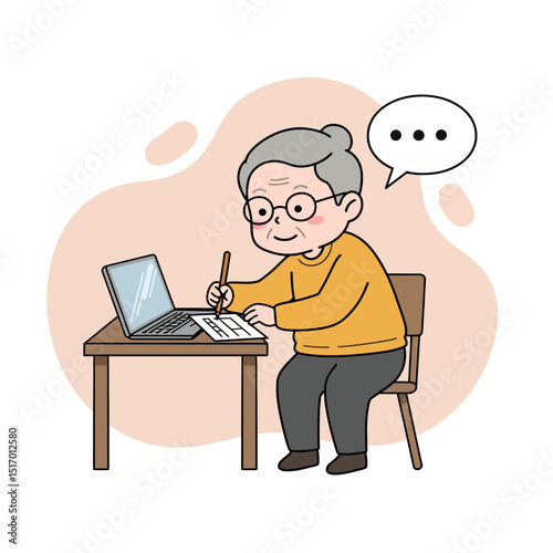 Elderly man taking notes while working on laptop at a desk  