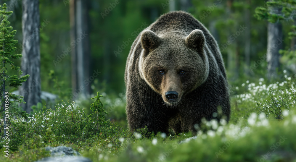 Obraz premium Majestic Brown Bear Approaching Through Forest Undergrowth, Representing Wildlife Conservation and Ecotourism Adventure