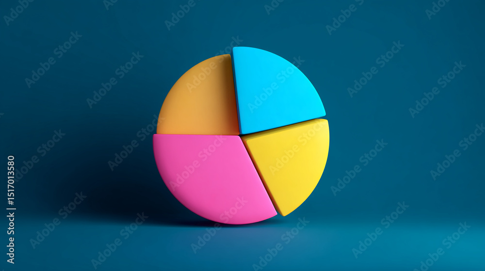Fototapeta premium 3D pie chart, four colorful segments: orange, pink, yellow, blue, against teal background, illustrating data, statistics, or market share