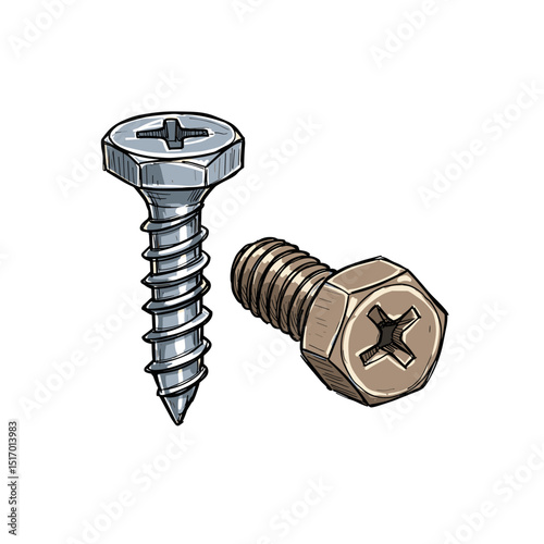 Metal screws in various shapes and sizes on a white background  