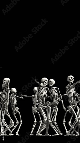 Seamless vertical video of a skeleton with a sensual dance isolated with alpha channel. Funny halloween background.