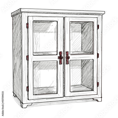 Hand-drawn wooden cabinet with glass doors and metallic handles  