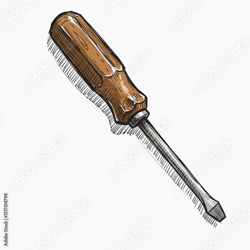 Wooden handled screwdriver drawing in detailed style  