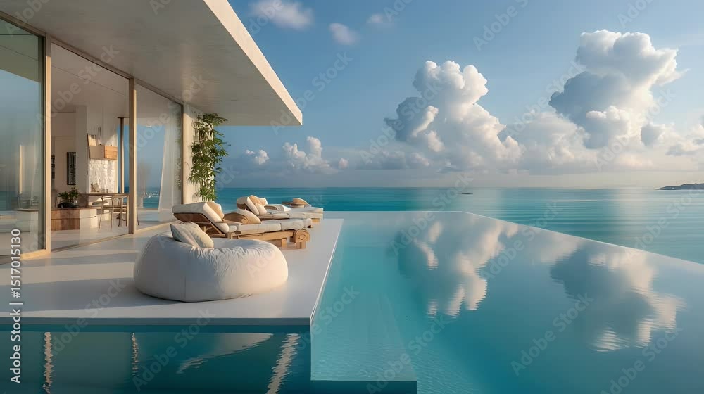 Elegant minimalist house with an oceanfront infinity pool reflecting the clouds. Time-lapse