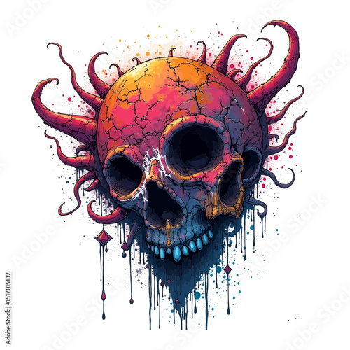 Colorful vector skull art illustration in a creative psychedelic fantasy style Abstract death symbol with tentacles paint drips and vibrant design details