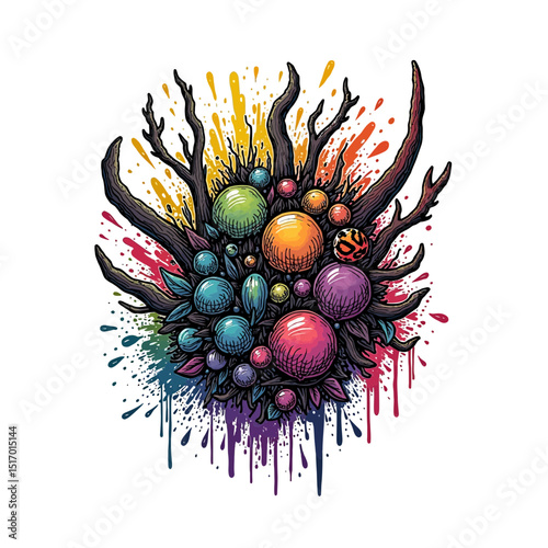Colorful abstract vector art with organic branch like forms and vibrant paint splatters Creative digital illustration of growth energy and colorful orbs