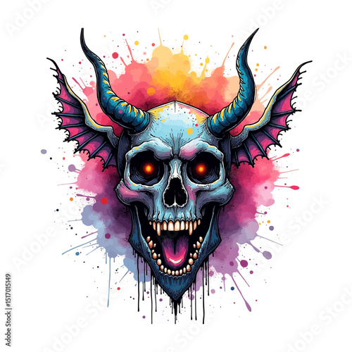Colorful vector devil skull with horns and wings in a dark fantasy horror style Creative demon illustration with glowing eyes and vibrant paint splatters