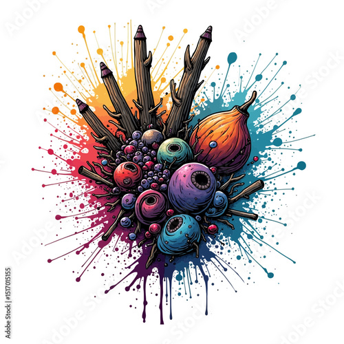 Colorful abstract vector art in a Vexx style with organic forms and vibrant paint splatters Creative digital illustration of orbs and wooden elements