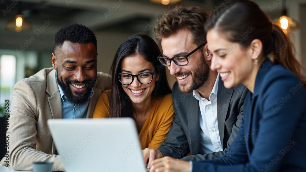 Obraz premium Close-up of smiling multiethnic team of business colleagues gathered around laptop in modern office