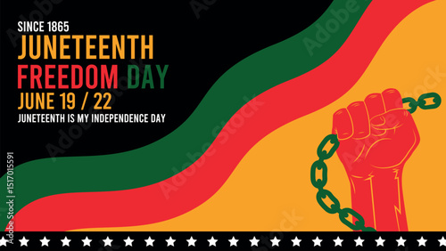 A raised fist holding a chain with shining stars and Juneteenth colors. A powerful symbol of strength, resistance, and celebration. Includes copy space for a message or title.