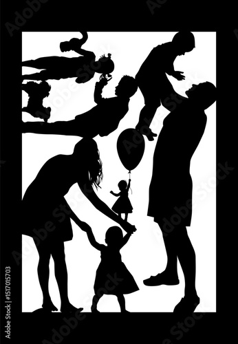Silhouettes of a family in a frame. hand drawing. Not AI. Vector illustration.