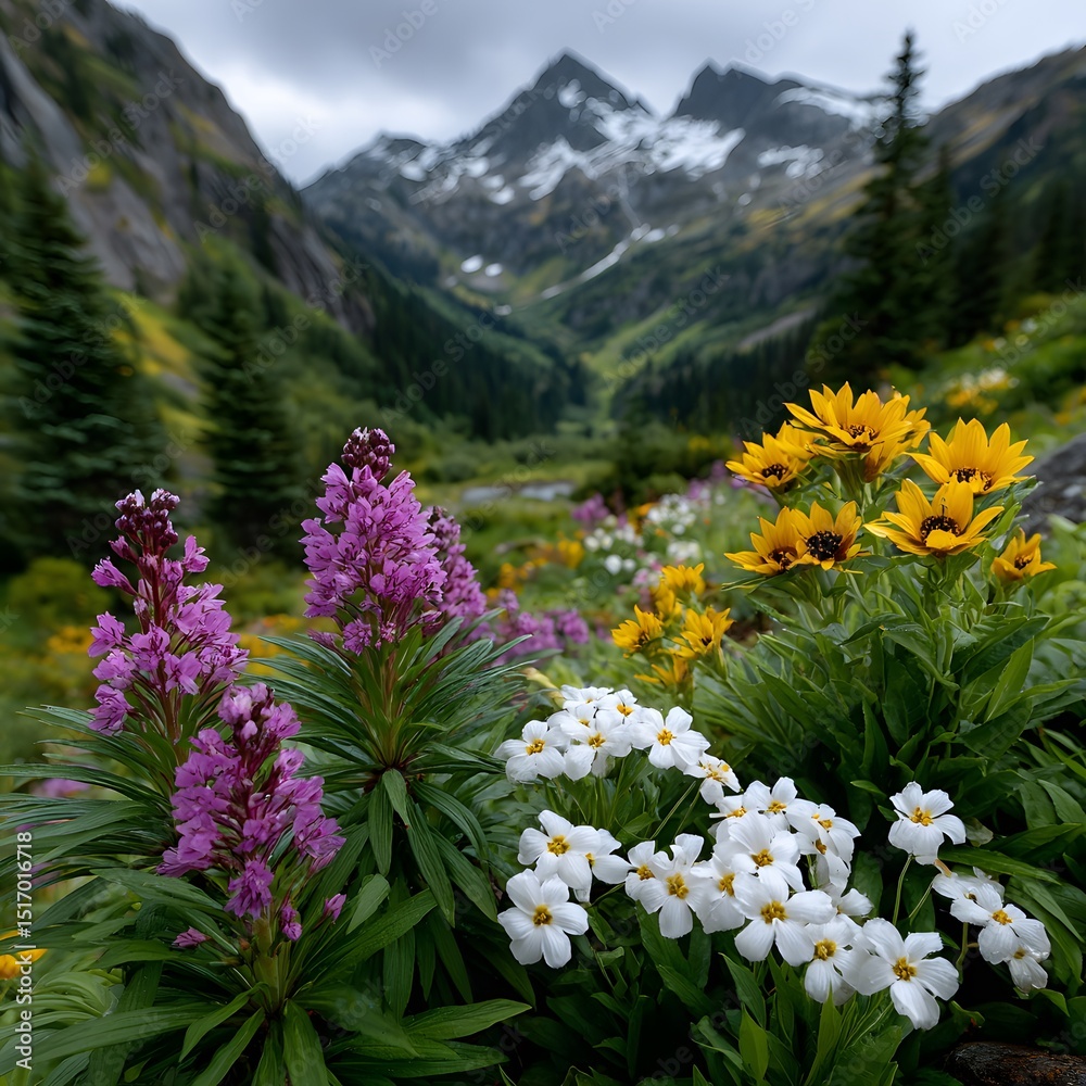 Fototapeta premium Mountain valley wildflowers in bloom