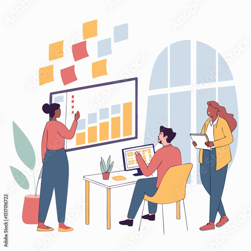 Three colleagues collaborating on a project in an office with a chart and sticky notes