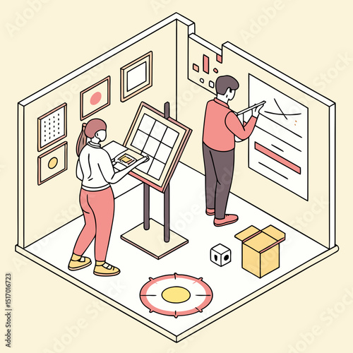 Isometric view of people in art gallery examining artwork and interactive displays shown