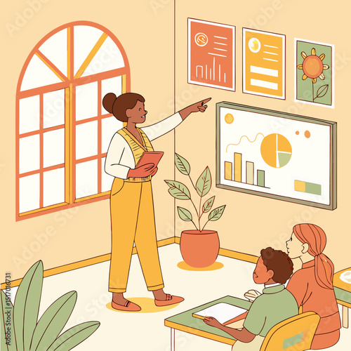A teacher is presenting a graph on a whiteboard to students in a classroom setting indoors