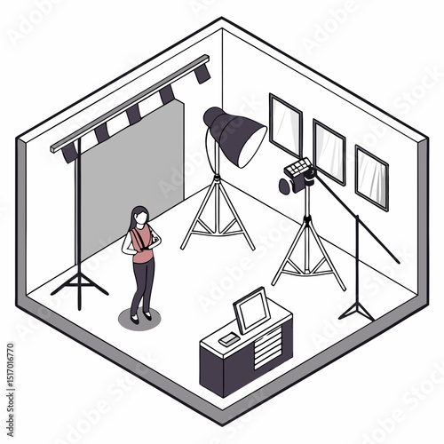 A woman stands in a photography studio with lights camera and backdrop ready for a shoot