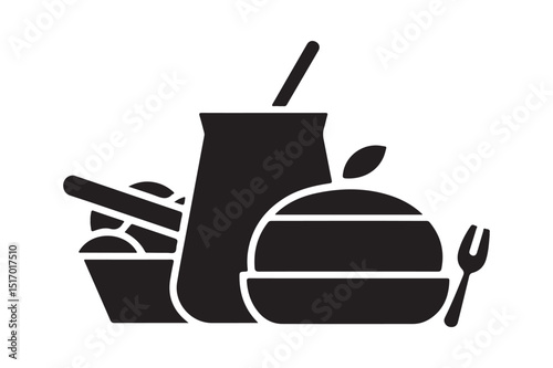 Fast Food Silhouette Icon Burger, Drink, Fries Vector Clipart Black Graphic