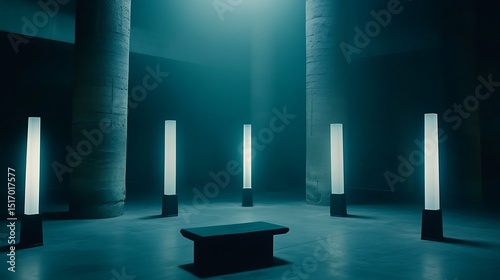 Modern, minimalist, teal space with glowing pillars