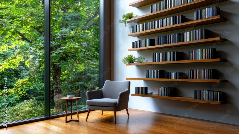 Fototapeta premium Comfortable chair next to a small table in a stylish room with a wall of bookshelves. Outside, vibrant trees provide a serene view, creating a peaceful atmosphere.