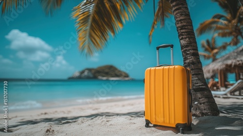 Bright yellow suitcase on tropical beach