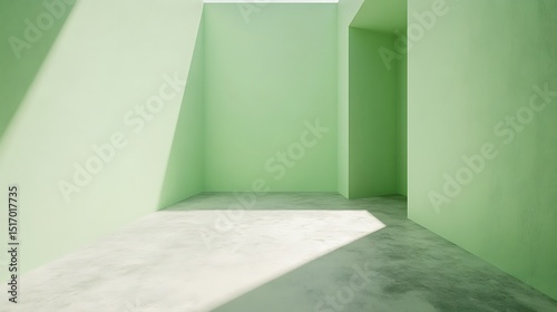 Light-filled, minimalist room with pale green walls and concrete floor