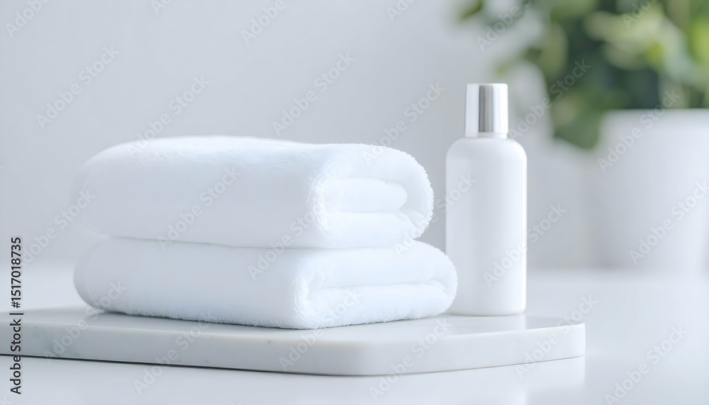 White Towels and Lotion Bottle on Marble Tray