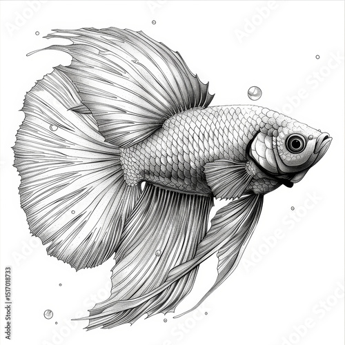 A detailed pencil drawing of a betta fish with lush fins and scales