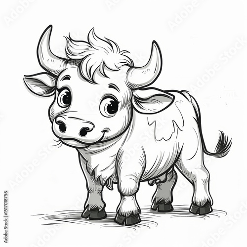 a black and white, cartoon drawing of a cute, young calf with big eyes, horns, a smile, and ears, standing and looking straight ahead