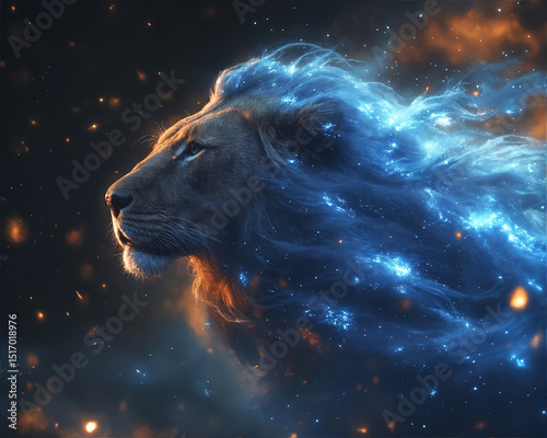 a lion, possibly a symbol of the zodiac sign Leo, with a mane resembling a cosmic nebula or star cluster against a dark background.
