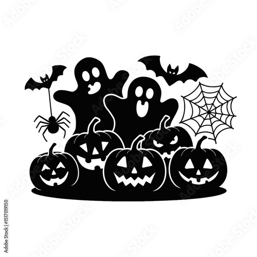 Silhouettes of playful ghosts and jack-o'-lanterns create a spooky Halloween scene, complete with a spider hanging from a web and bats flying overhead.