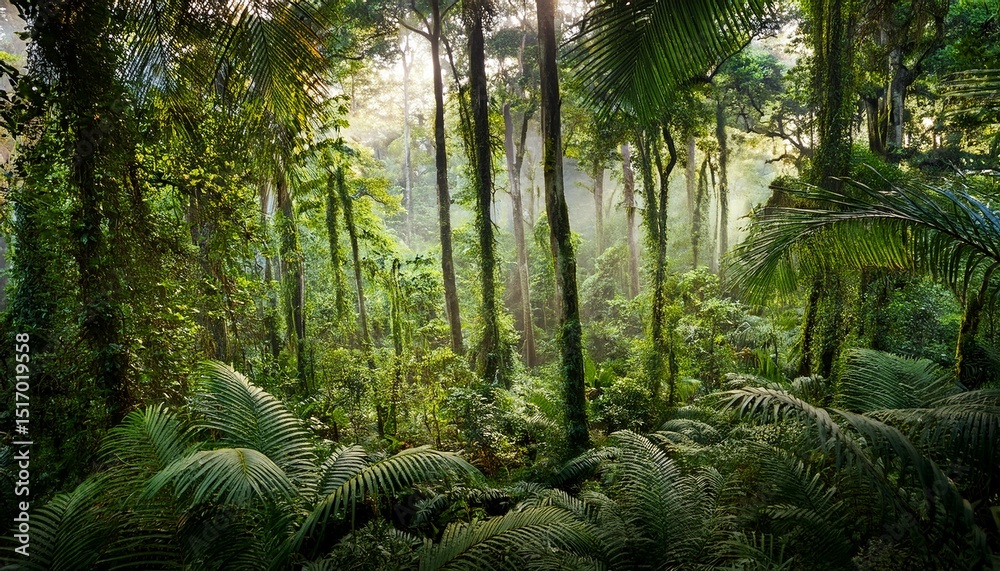 Fototapeta premium a tropical forest with dense greenery tall trees