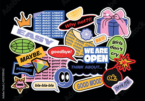 Funny collection of y2k patches, labels, tags, stamps. Stickers with short phrases in retro cartoon style. Groovy vector set, trendy promo labels in 90s hipster grunge funk style. Flat illustrations.