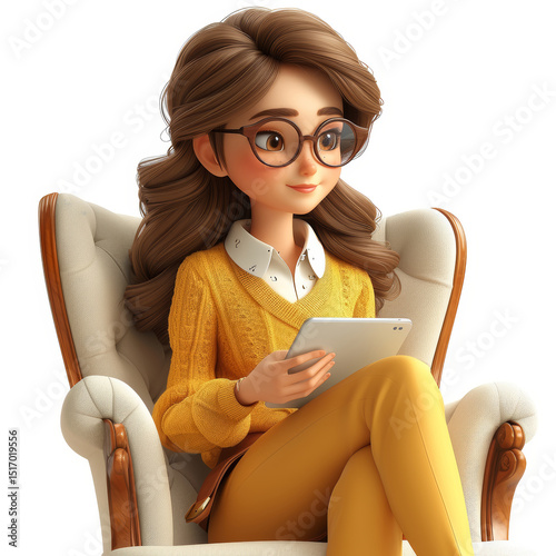 A stylized character of a young woman with long brown hair and glasses sits comfortably in a cream-colored armchair, holding a tablet.