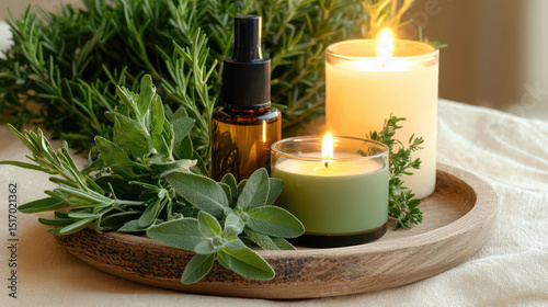 Natural skincare products placed on a wooden tray with fresh herbs, a lit candle, and a soft beige background.